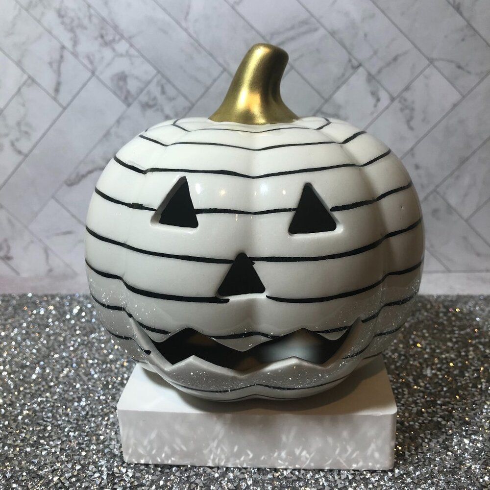 Target Bullseye Light-Up Ceramic Pumpkin – White with Black Stripes
